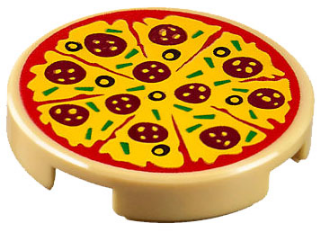 14769pr1070-b | Tile, Round 2 x 2 with Bottom Stud Holder with Sliced Pizza with Red Tomato Sauce, Yellow Cheese, Dark Red Pepperoni, Black Olives and Green Bell Peppers Pattern